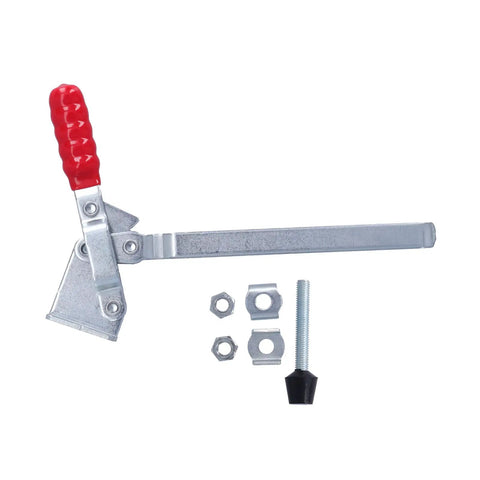 Tough As Nails Quick Release Toggle Fixture For Vertical Woodworking And Welding Projects Polished Iron Hold Down Clamp with red handle.