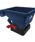 Blue handheld lawn spreader for seed and fertilizer, easy crank broadcast spreader covering up to 1,500 sq ft, in side view