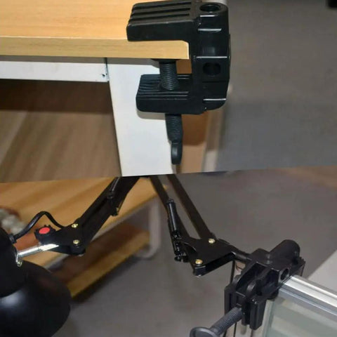 Heavy Duty Desk Lamp Swing Arm Clamp Set Of Three Non Marring Plastic Bracket Holder mounted on a desk with gooseneck arm.