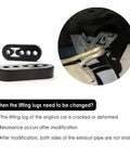 Adjustable Heavy Duty Exhaust Hanger Kit for Cars, Trucks, and SUVs, with close-up of EPDM tailpipe mounts and installed bracket