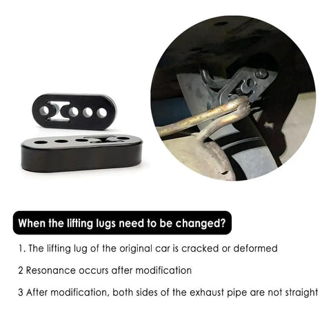 Adjustable Heavy Duty Exhaust Hanger Kit for Cars, Trucks, and SUVs, with close-up of EPDM tailpipe mounts and installed bracket