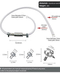 Two Pack Brake Bleeder Hose Kit With One Way Check Valve showing aluminum valve, clear PVC tubing, screw caps, and spring clips.