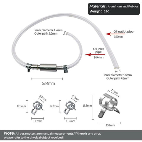Two Pack Brake Bleeder Hose Kit With One Way Check Valve showing aluminum valve, clear PVC tubing, screw caps, and spring clips.