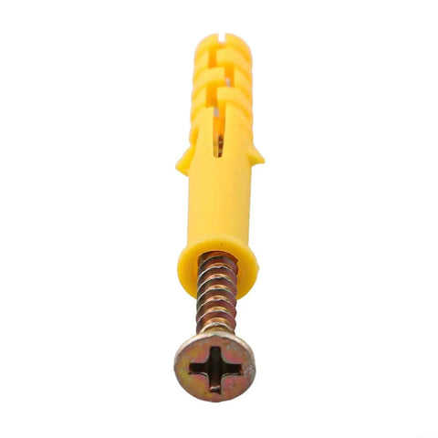 Close-up of 40 Pcs M6x40mm Self Tapping Expansion Screws And Wall Anchors Kit for drywall with yellow plastic anchor.