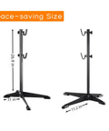 Adjustable Floor Bicycle Stand For Indoor Storage With Easy Hook Design, side view and dimensions shown