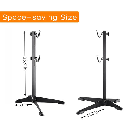 Adjustable Floor Bicycle Stand For Indoor Storage With Easy Hook Design, side view and dimensions shown