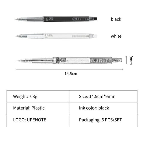 Extra Fine 0.28mm Gel Pens Black Ink Go To School Office Set With Transparent Tube Case Six Pack Smooth Writing Ball Point Pens For Notes And Drawings Everyday, showing three pen colors with size details.