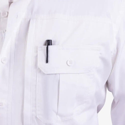 Mens Straight Up Field Ready Tactical Long Sleeve Shirt In Bright White showing pocket with pen for easy access.