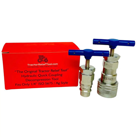 Image of a Pro Grade Hydraulic Quick Coupling Pressure Decompression Relief Tool One Quarter Inch 5675 Ag Pioneer Style with male and female couplings, red packaging visible.