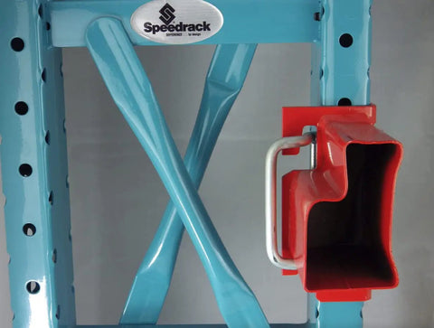 Industrial Pallet Rack Clips Box Of 10 Heavy Duty Steel Shelving Hardware To Secure Warehouse Inventory Easy Drop Install Locks Tight Keeps Everything Stackin Safe No Sweat On Busy Shop Floors Daily, view of blue steel frame with red clip.