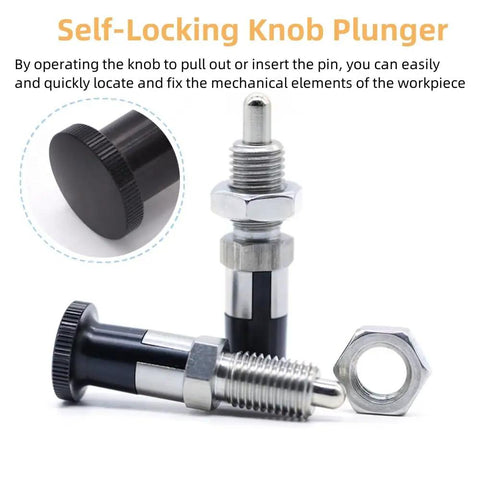 Heavy Duty Stainless Steel Ball Nose Spring Plunger, Self Locking Retractable Indexing Pin With M16 Thread, Pro Grade Push Fit Knob Tool showing knob and pin.
