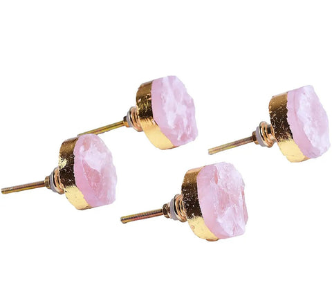 Rose Quartz Crystal Cabinet Knobs Set of 4 Gold Plated Round Dresser and Cupboard Drawer Handles Pink Stone Kitchen Cabinet Hardware