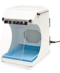 Shop Ready Bench Top Porta Vac Dust Collector, compact design with clear acrylic shield and blue interior for efficient dust collection.
