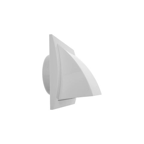 Side view of 4 Inch White Dryer Vent Hood With Rain Cover And Backdraft Damper ABS Plastic Duct Cover For Walls Indoor Outdoor Use