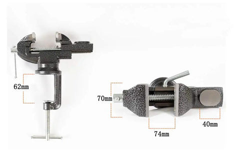 Beefy Clamp On Vise For Home Workshop With 3.0 Inch Jaw Opening showing measurements, tough build, compact design, grip detail