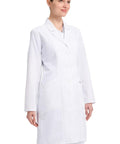 Contemporary Fit Women's 37 Inch Twill Fitted Lab Coat With Notched Lapels And Button Front In White Long Length Built For Durability