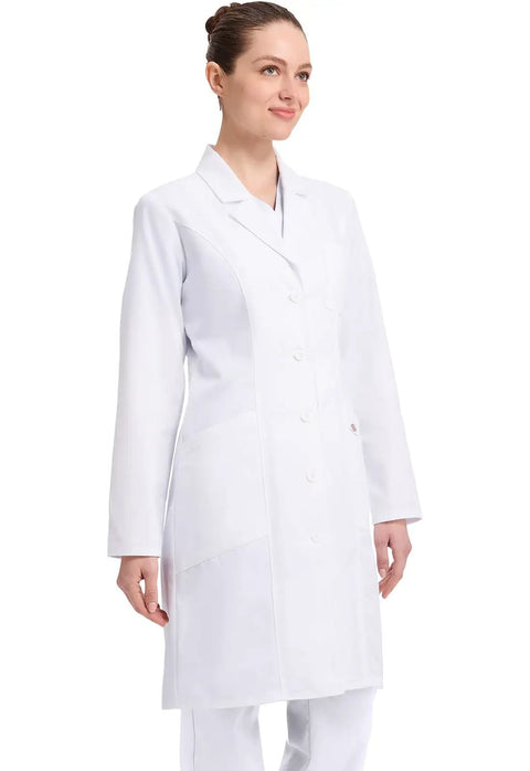 Contemporary Fit Women's 37 Inch Twill Fitted Lab Coat With Notched Lapels And Button Front In White Long Length Built For Durability