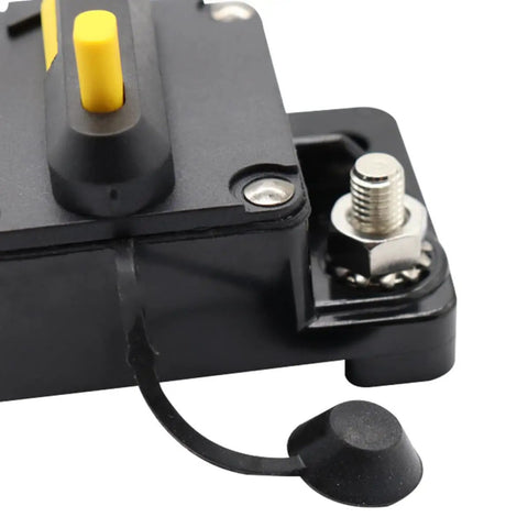 Close-up of Road Ready 120 Amp Circuit Breaker With Manual Reset Switch For Cars And Boats, 48 Volt Overload Protector.