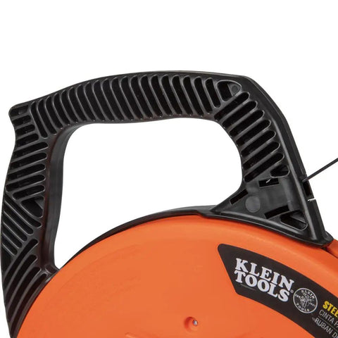 Close-up of 1/8 Inch 120 Foot Steel Electrical Fish Tape With Double Loop Tip, Built To Last Heavy-Duty Wire Puller handle