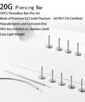 G23 Titanium Threadless Post Kit 20G for piercing with 10 hypoallergenic titanium posts and 2 insertion pins on white surface.