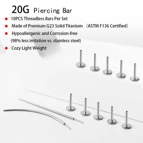 G23 Titanium Threadless Post Kit 20G for piercing with 10 hypoallergenic titanium posts and 2 insertion pins on white surface.