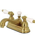 4 Inch Centerset Bathroom Faucet In Brushed Brass, Solid Brass Construction, Drip Free Ceramic Disc, Deck Mount For 3 Hole Install
