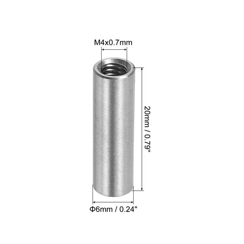Round M4 Coupling Nuts Set Of 10, 304 stainless steel, 20mm length, M4x0.7 thread, rust resistant hardware close-up view
