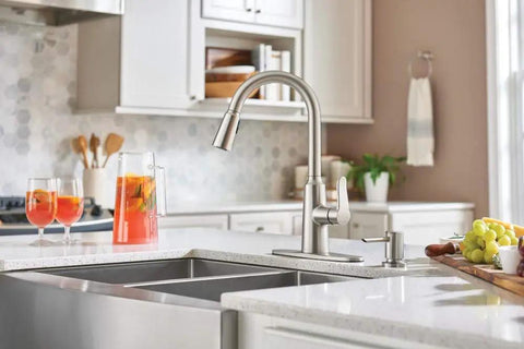 Edwyn One Handle Pulldown Kitchen Faucet With Spot Resist Stainless Finish Deck Mount 7.5 Inch Reach Pull Down Sprayer installed at a kitchen sink