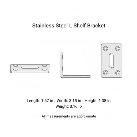 Diagram of L Shaped Shelf Bracket With Wall Mount Corner Support, showing dimensions and stainless steel material.