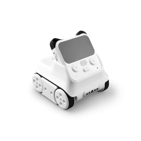 Codey Rocky Interactive Coding Robot For Kids Aged 6 To 12, Beginner Friendly Remote Control Toy That Sparks Problem Solving, Logic, And Coding Fun Totally Dope Right Out Of The Box white panda-shaped robot with screen and buttons