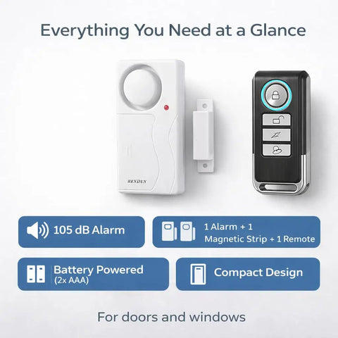 Door Alarm System With Remote, Wireless Door Bell Chimes, Magnetic Security Sensor For Doors And Pools, Easy Install, white alarm unit and remote