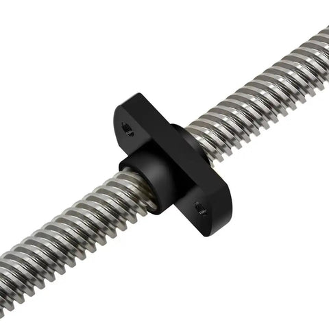 Upgrade Your 3D Printer Game With This Top Notch T8x8 Lead Screw Kit Featuring Precision Machined POM Nuts And Durable Brass Flange Nut For Smooth Z Axis Motion, Zero Layer Shifts, And Awesome Print Accuracy Today. T8 lead screw with black POM flange nut, close-up
