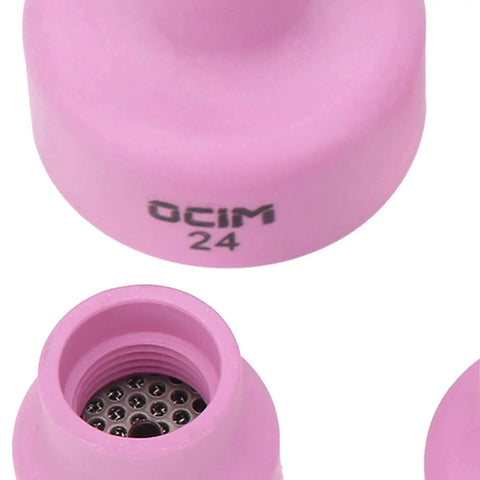 Close-up of Pro Grade Ceramic Welding Cup Set For WP Series TIG Torches, size 24 alumina cup with threaded interior.