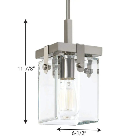 Glayse Gray Mini Pendant Light With Frameless Beveled Glass, Modern Architectural Style, showcases dimensions and sleek design.