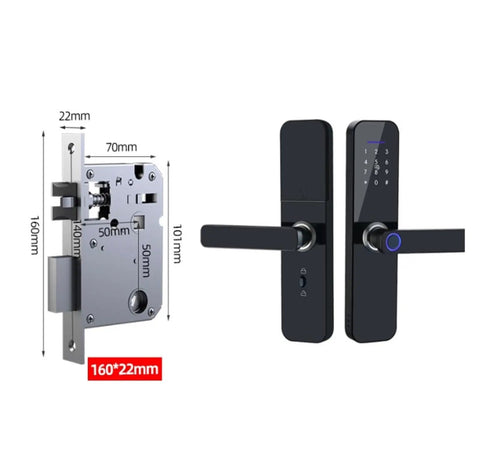 Fingerprint smart lock dimensions and sleek handle design, 160mm x 22mm, for hassle-free entry anytime or anyday.