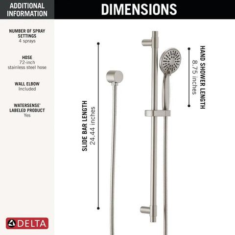 Slide Bar Handheld Shower With Hose In Brushed Nickel, Detachable Shower Head, Stainless 51361-SS dimensions and details