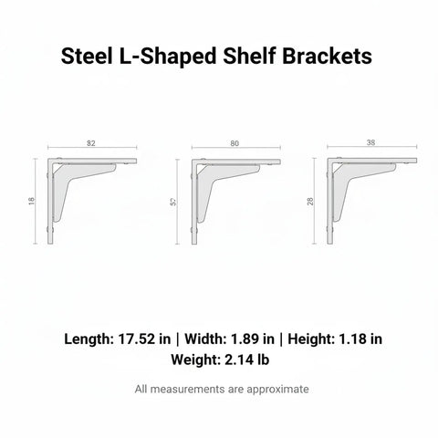 Diagram of three Rugged L Shaped Shelf Bracket Steel Wall Mount For Floating Shelves And Closet Storage, 1 Piece, dimensions labeled