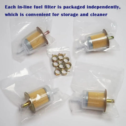 4 Pack 5/16 Inch Inline Fuel Filters With Built In Magnets And 8 14mm Hose Clamps For Motorcycles Cars And Trucks Replacement Kit HE007 sealed in plastic bags