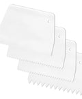 No Sweat Notched Glue Spreader Kit With Four Piece White Plastic Trowel Set Featuring Half And One Inch Teeth for epoxy resin application.
