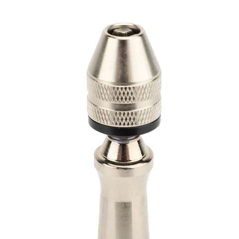 Close-up of Needle Nose Hand Drill Kit With PCB Mini Drill Bits chuck, aluminum alloy, for resin, clay, wood, and CNC projects.