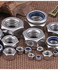 M6x1mm Nylon Insert Hex Lock Nuts, 50 Pack, 304 Stainless Steel, arranged on a textured surface with decorative background.