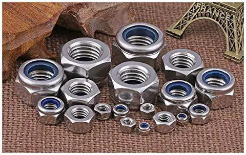 M6x1mm Nylon Insert Hex Lock Nuts, 50 Pack, 304 Stainless Steel, arranged on a textured surface with decorative background.