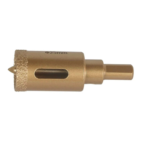 Brazed-diamond hole saw with center drill, 25mm, gold finish, for ceramic and tile drilling