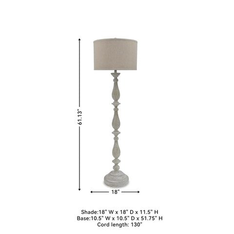 Bernadate Cottage Candlestick Floor Lamp, 61 Inch Tall, 3 Way Switch, Whitewashed Cast Resin Base With White Fabric Drum Shade.
