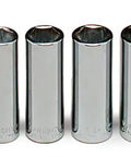 Three Eighths Inch Drive Fourteen Piece Deep Metric Socket Set Six Point Six Through Nineteen Millimeter Chrome Finish arranged in a row.