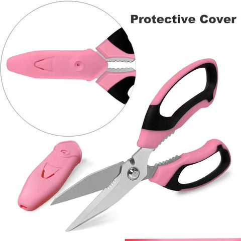 Heavy Duty 8 Inch Multipurpose Scissors With Protective Cover, Stainless Steel Serrated Blades For Cardboard, Leather, Fabric, Wires And More, pink and black scissors with protective cover