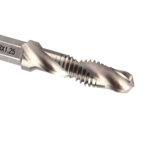 Close-up of HSS M8x1.25 drill tap bit, 3-in-1 chamfering tapping tool for soft metals, Amazon brand