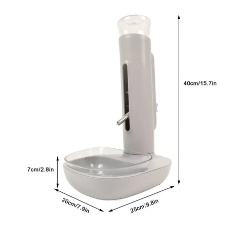 Height Adjustable 680 Ml Pet Water Dispenser And Automatic Food Feeder For Puppies Kittens And Rabbits in gray with detachable bowl.