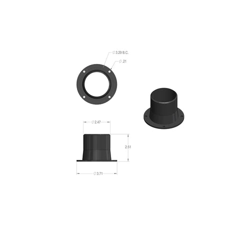 Two And A Half Inch Flanged Inlet Dust Collection Fitting with Rugged ABS Plastic, front and side views with dimensions.