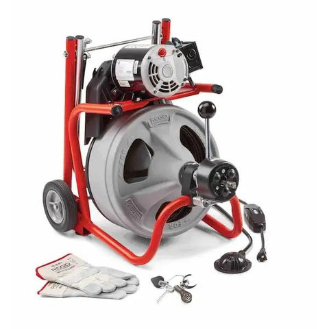 Heavy Duty 115 Volt Electric Conduit Bender Machine Featuring Autofeed And C45 Integral Wound Cable Designed To Bend Rigid Pipe Like Butter Rock Solid 45 Pound Build crafted for contractors on a red and gray wheeled frame with tools.